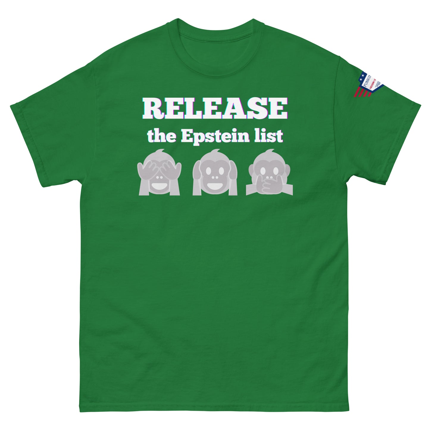 Front view of lime green unisex tee printing "RELEASE THE EPSTEIN LIST" with three gray monkey emojis