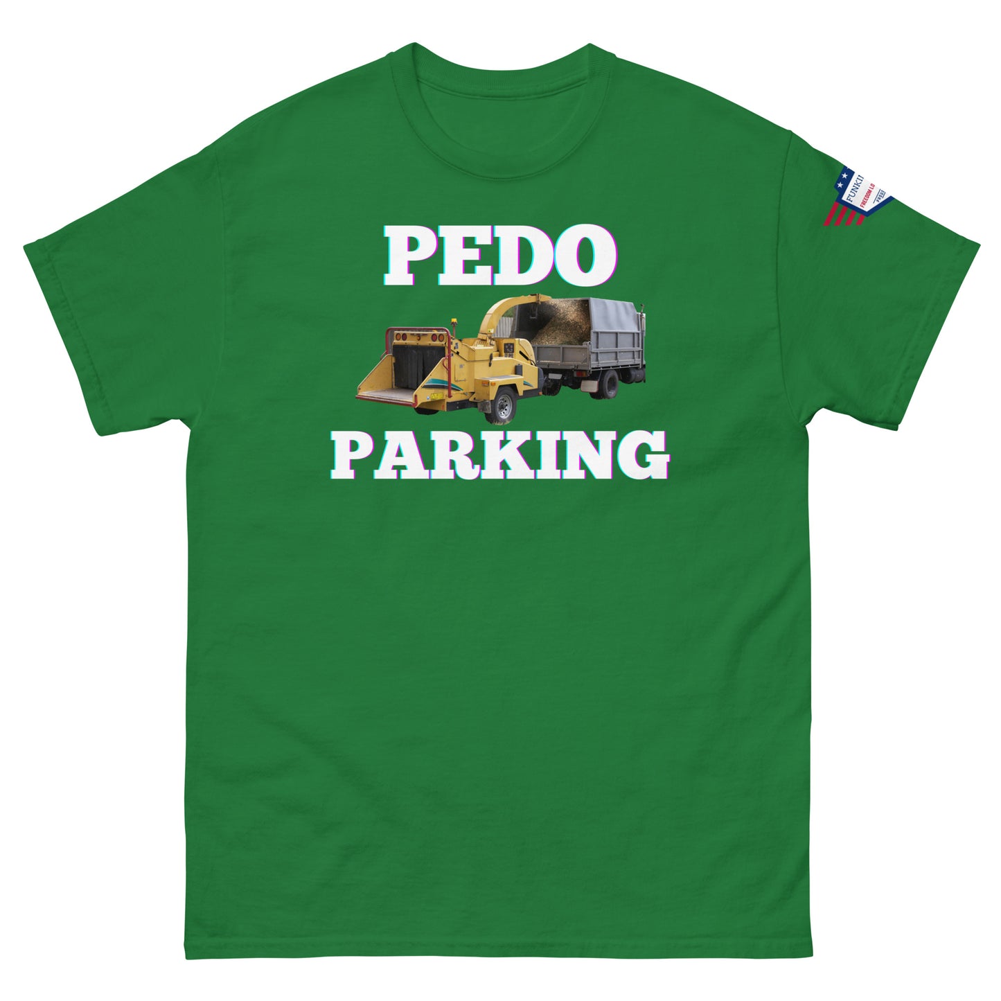 Front view of kelly green unisex tee with pink-glow "PLOWDO PARKING" print, yellow plow truck graphic, USA flag sleeve patch