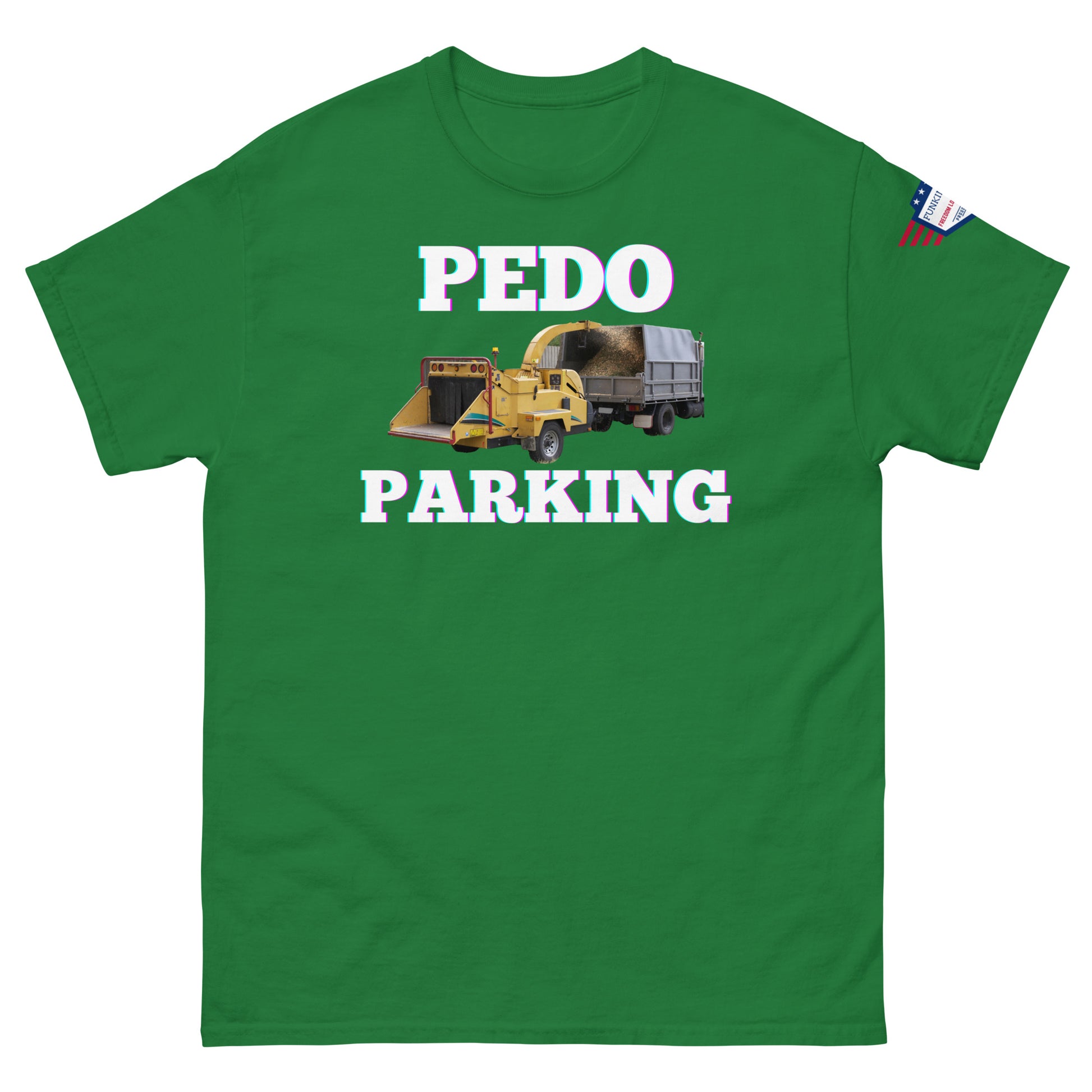 Front view of kelly green unisex tee with pink-glow "PLOWDO PARKING" print, yellow plow truck graphic, USA flag sleeve patch