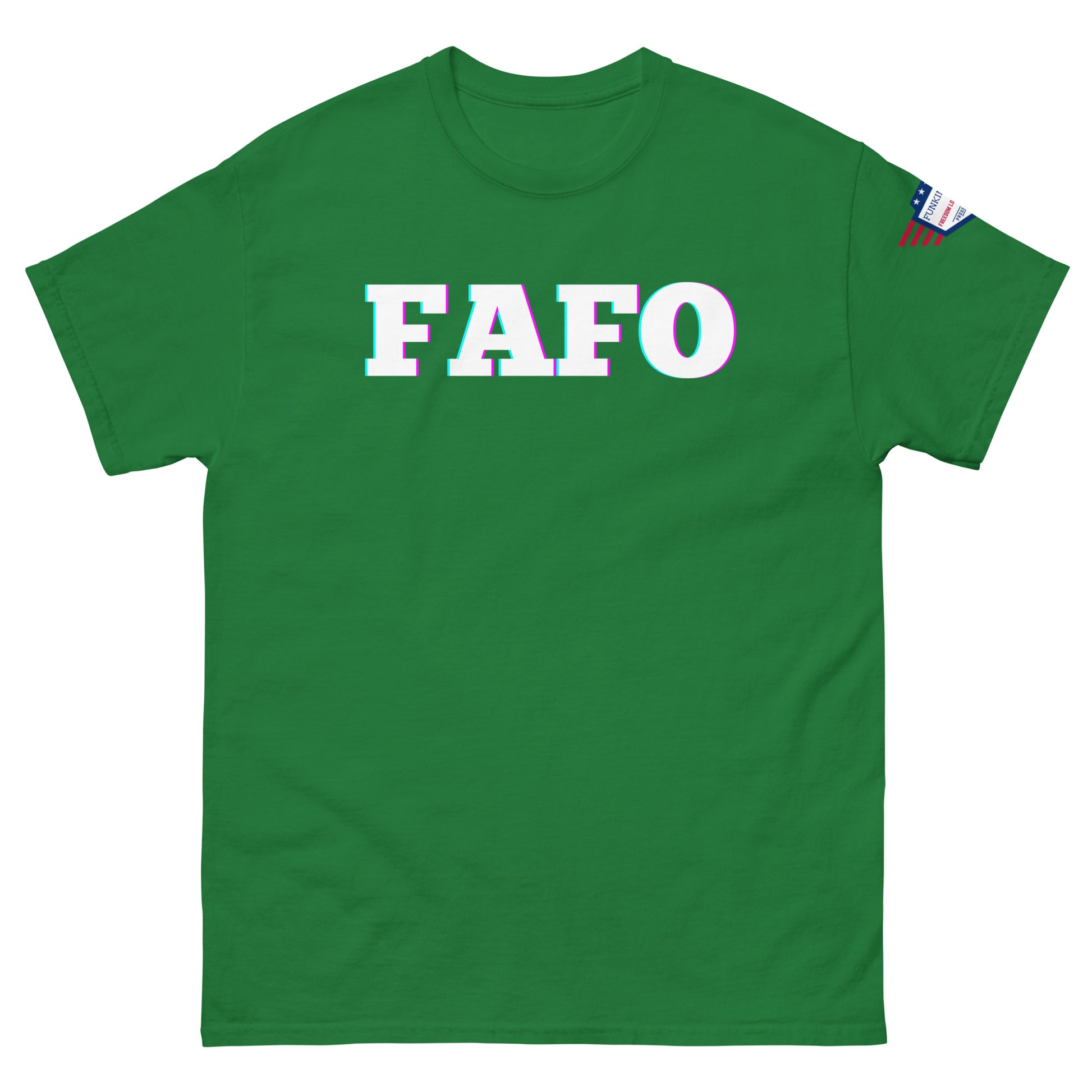 Front view of mustard yellow unisex T-shirt with bold white "FAFO" glitch graphic and US flag sleeve patch