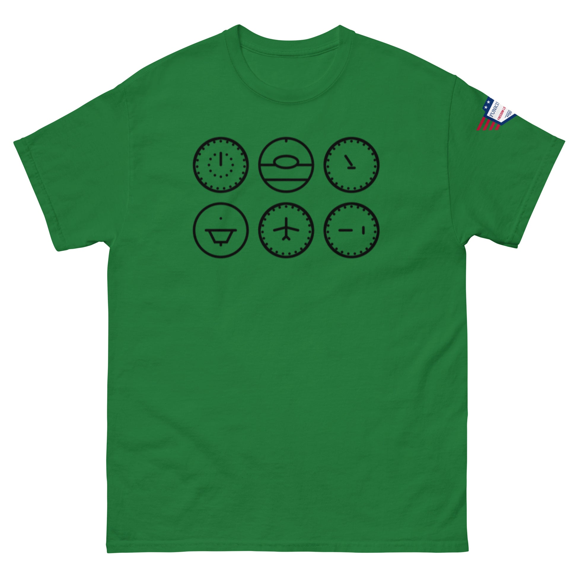 Kelly green unisex tee front, black clocks ticking with Ohio energy