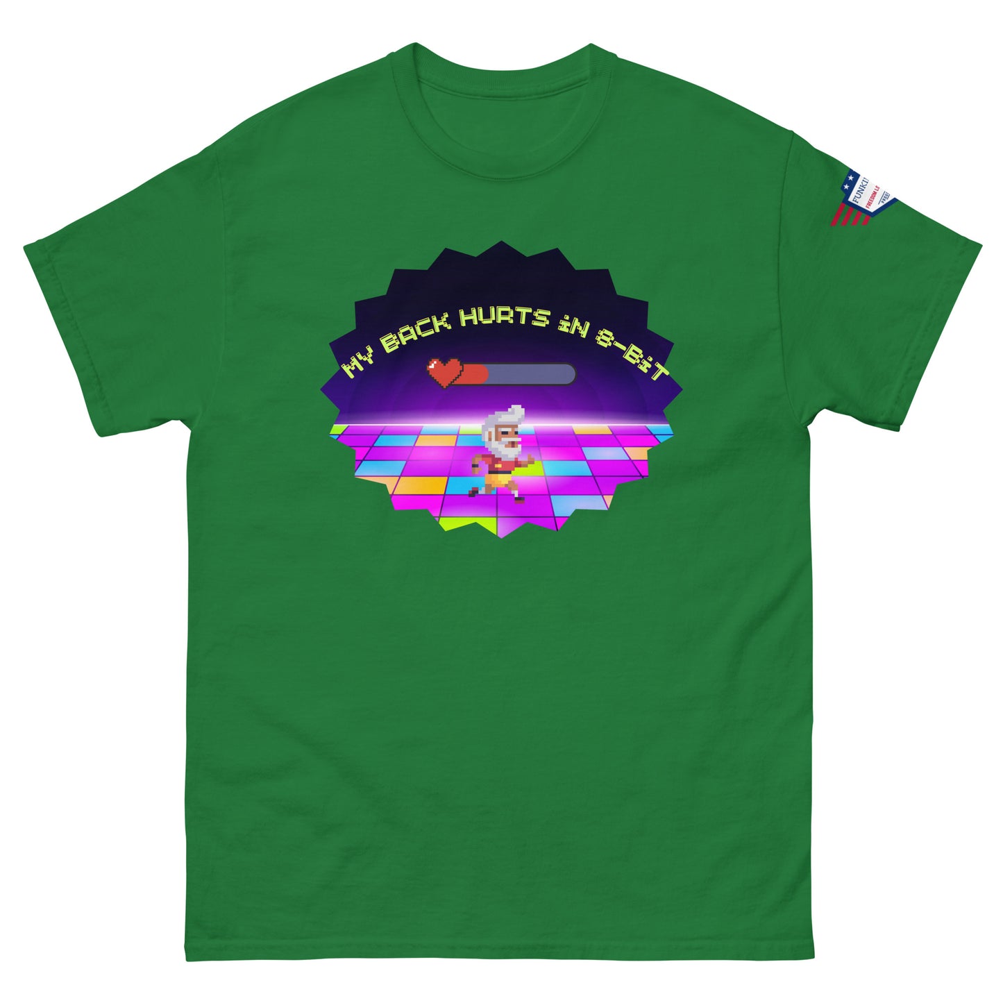 Kelly green tee front, pixel chef "My Back Hurts 98%" loading on disco floor graphic, flag patch