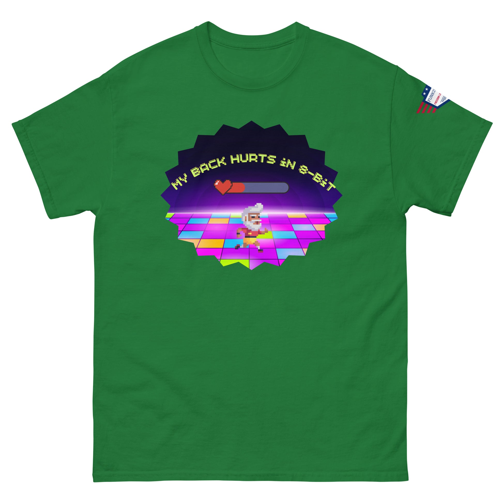 Kelly green tee front, pixel chef "My Back Hurts 98%" loading on disco floor graphic, flag patch