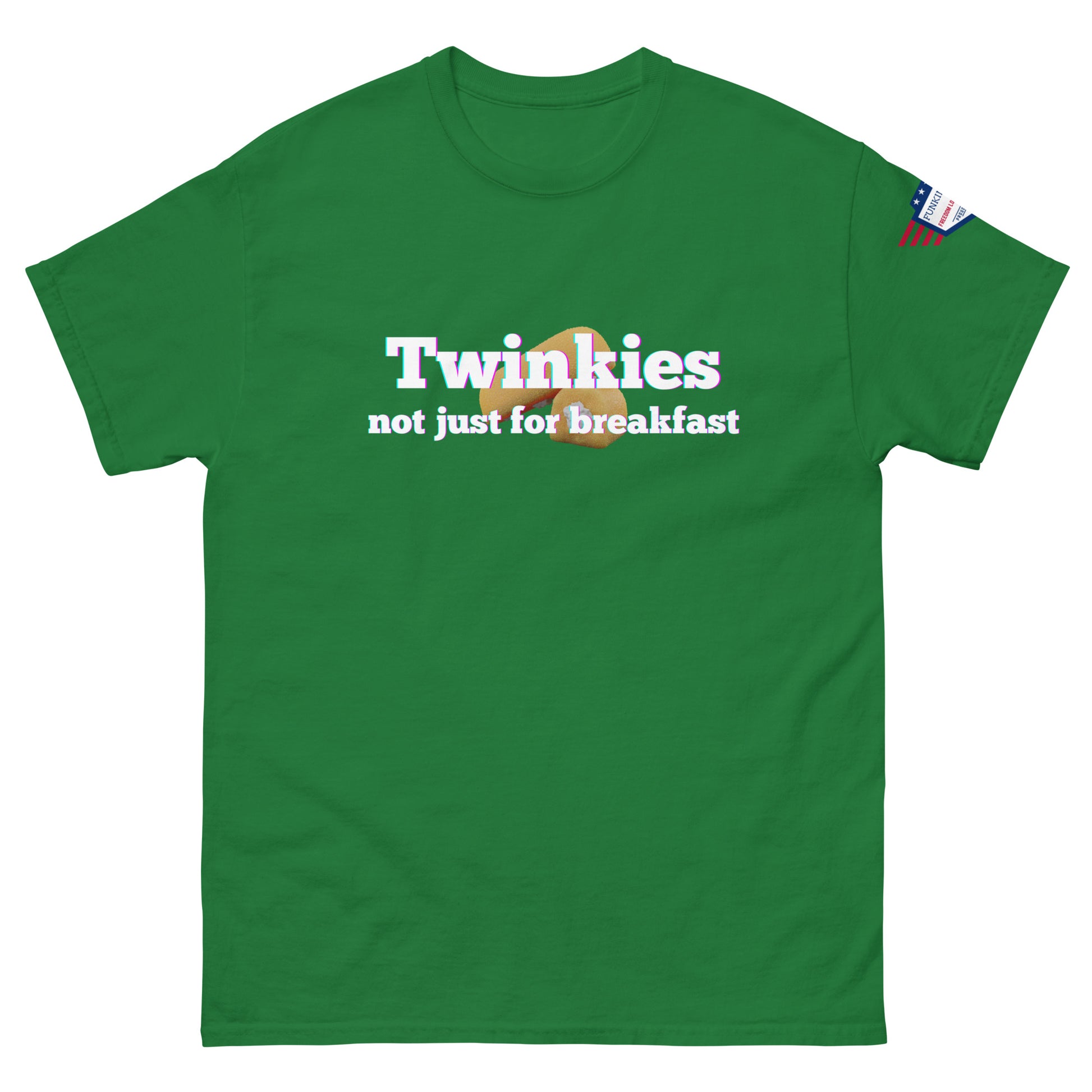 Front view of dark green unisex tee boasting "Twinkiesies not just for breakfast" punny print with Twinkie and US flag label