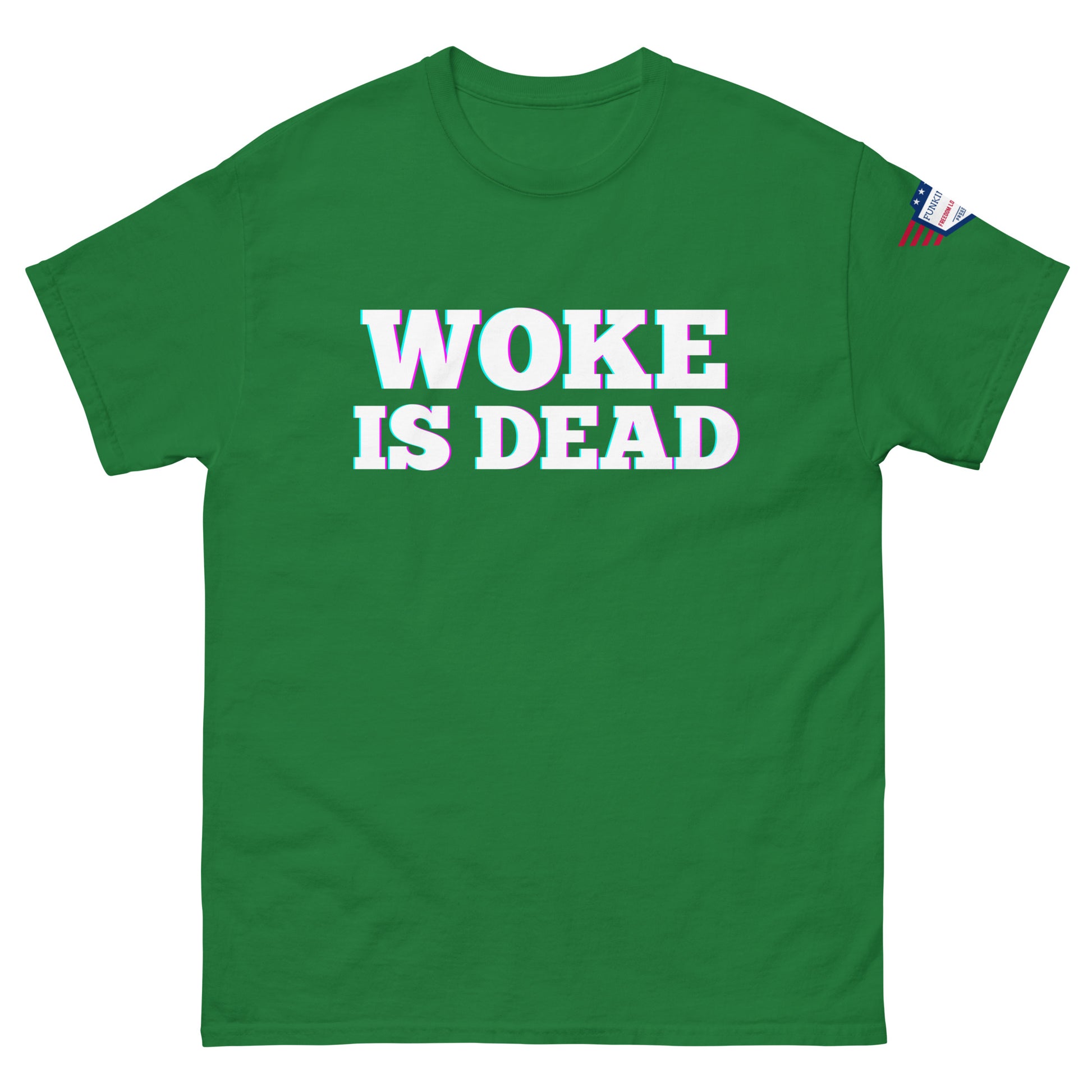 Front view of lime green "WOKE IS DEAD" unisex tee with white glowing text, US flag on right sleeve