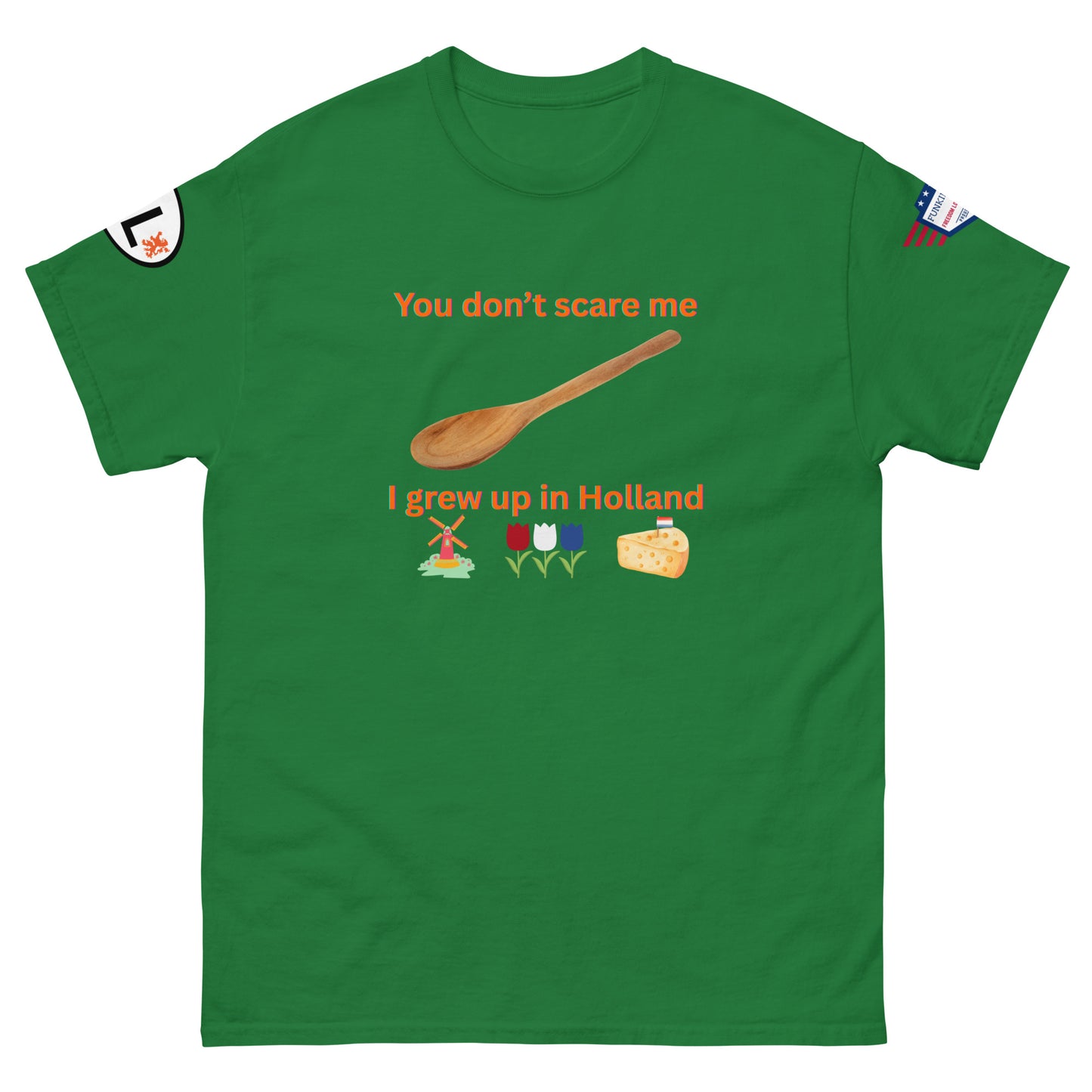 Front view of lime green unisex tee featuring orange "You don't scare me I grew up in Holland" text, spoon, colorful windmill, tulips, cheese icons