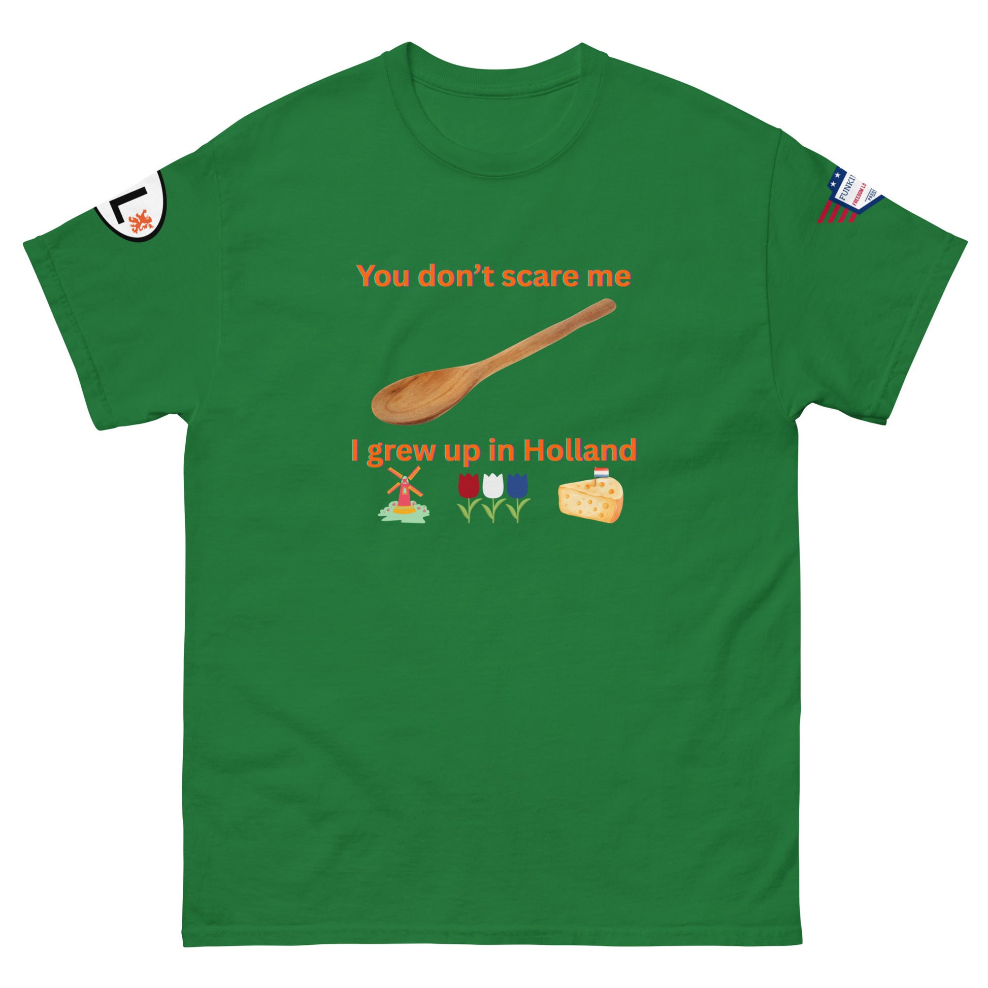 Front view of lime green unisex tee featuring orange "You don't scare me I grew up in Holland" text, spoon, colorful windmill, tulips, cheese icons