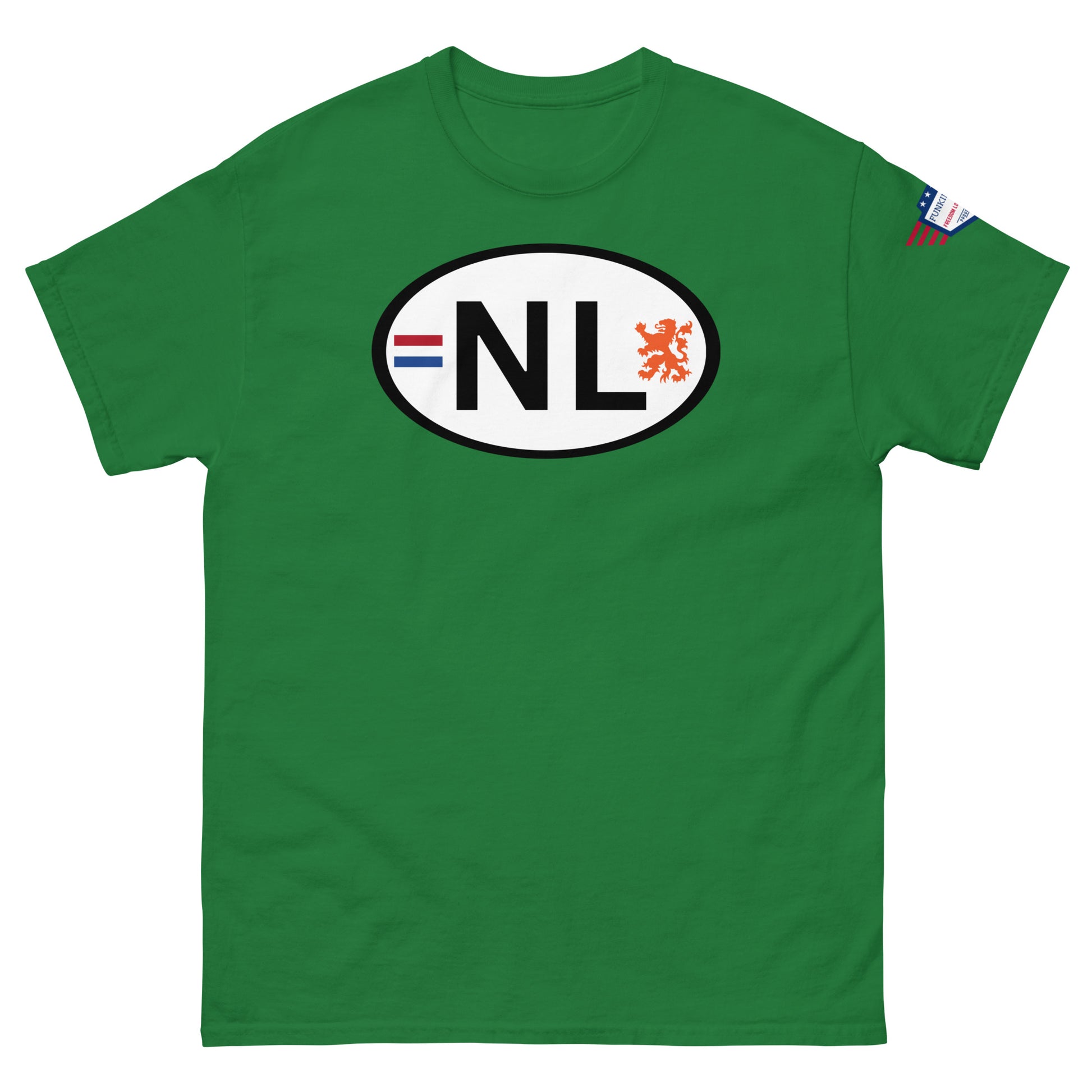 Front view of olive green tee with white-bordered "NL" oval print, Dutch stripes, orange lion — boringly epic