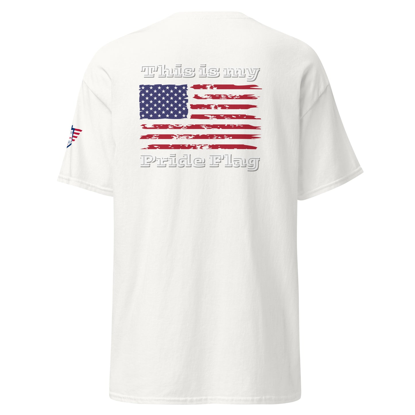 Back view of white unisex t-shirt with large weathered American flag design and "This is my Pride Flag"