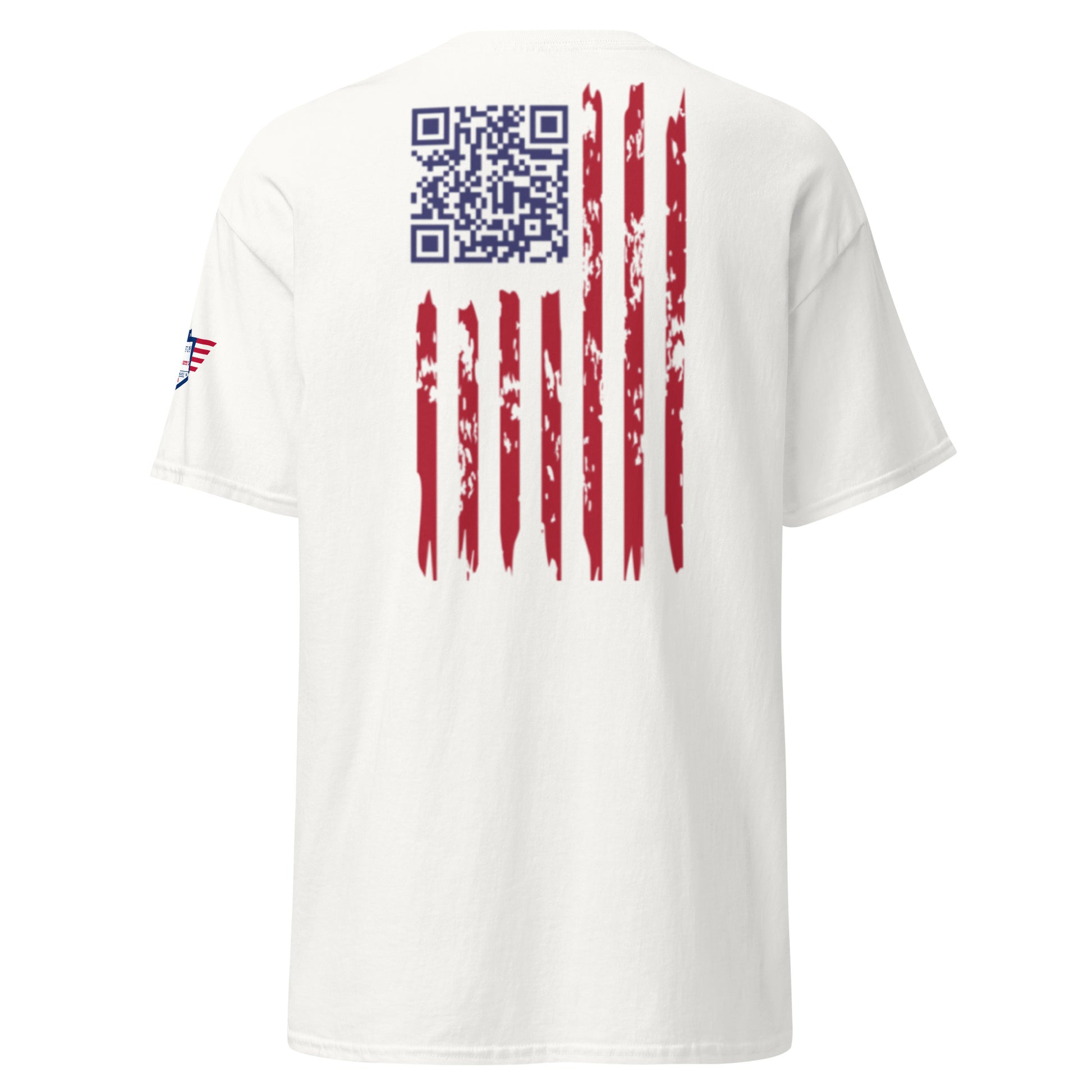 Back view of white tee with prominent QR code and rugged American flag stripes, eagle patch