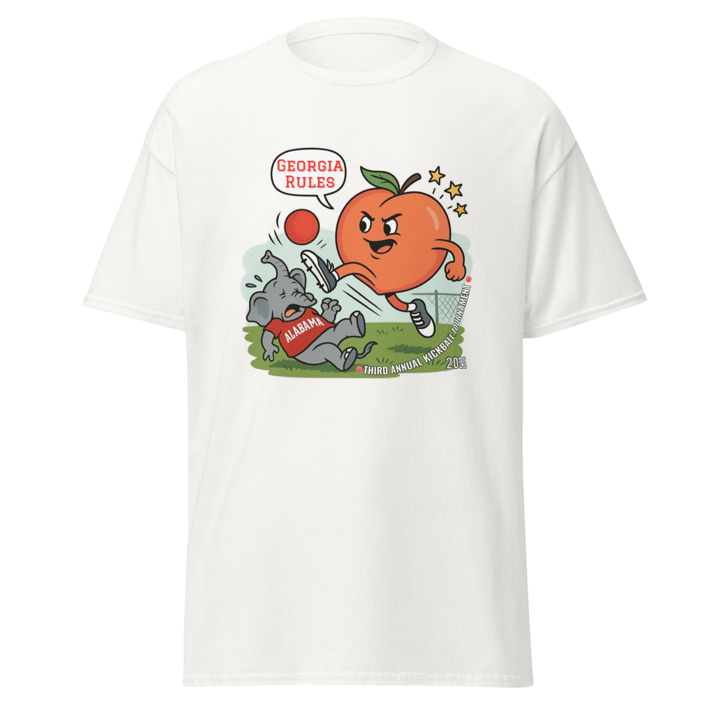 Front view of white classic tee with cartoon Georgia peach kicking kickball at Alabama elephant, "Georgia Rules!" and "Third Annual" text