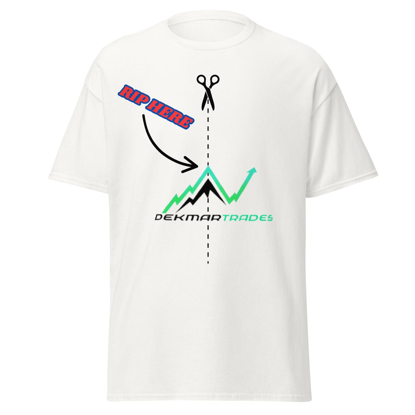 Front view of white unisex classic tee with red "Rip Here" scissors graphic, dashed line to teal/purple jagged stock chart, and "DEKMAR TRADES" text below