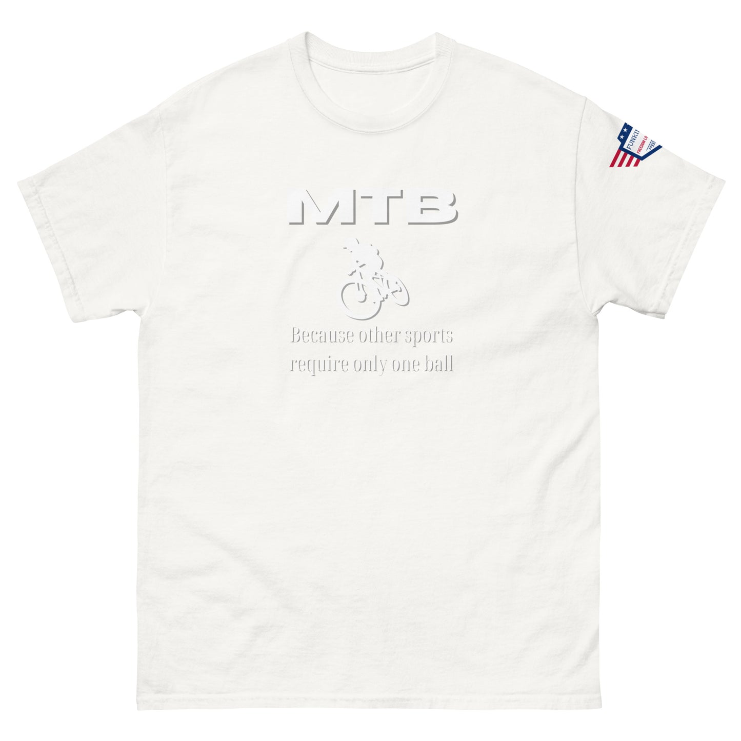 Front view of white unisex tee with bold white "MTB" print, biker icon, "Because other sports require only one ball" text, flag on sleeve