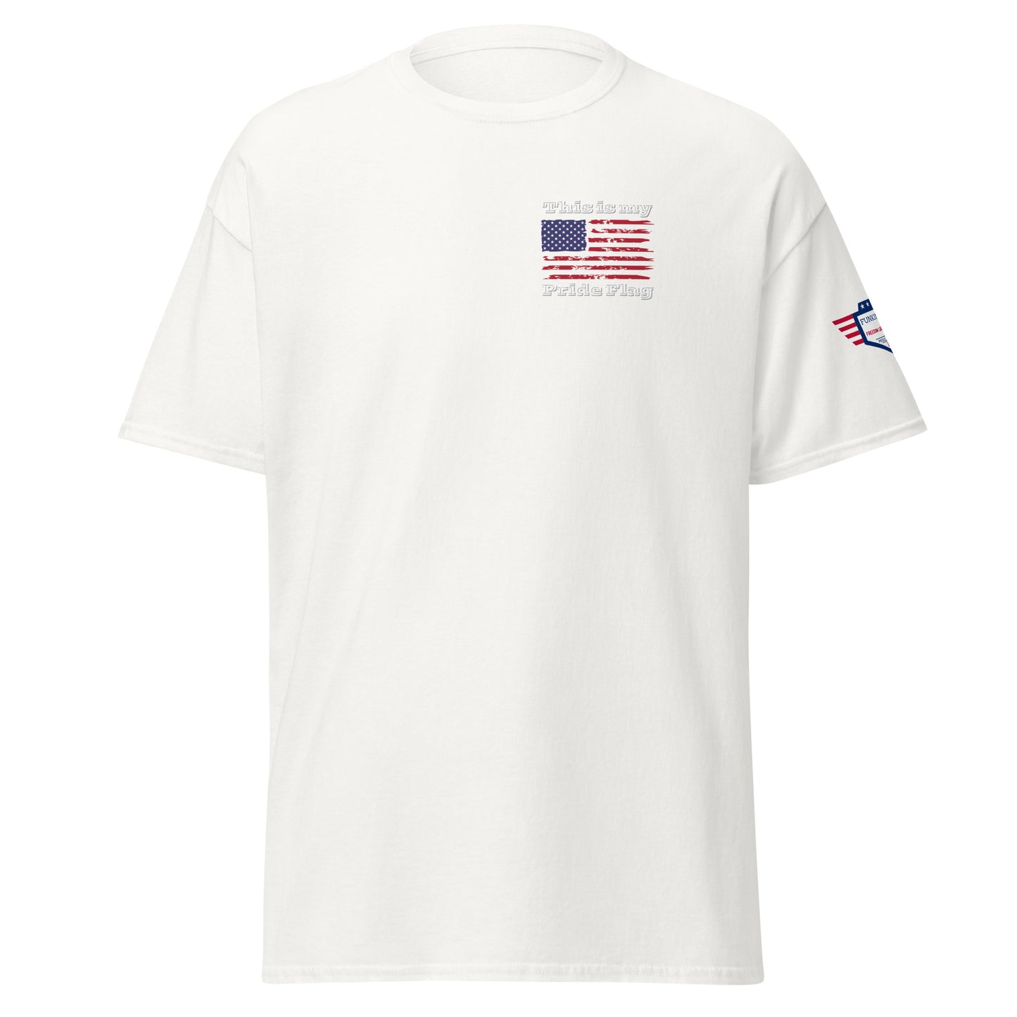 Front view of white t-shirt showing "This is my Pride Flag" print and colored US flag badge