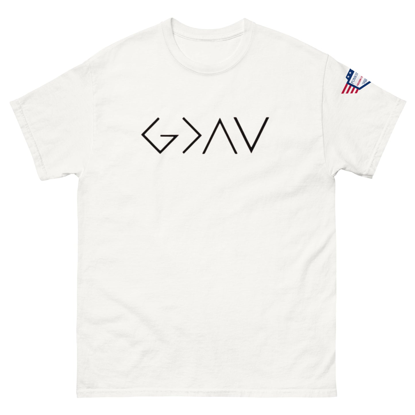 Front view of white unisex t-shirt with bold black "G > AV" chest print and US flag sleeve patch