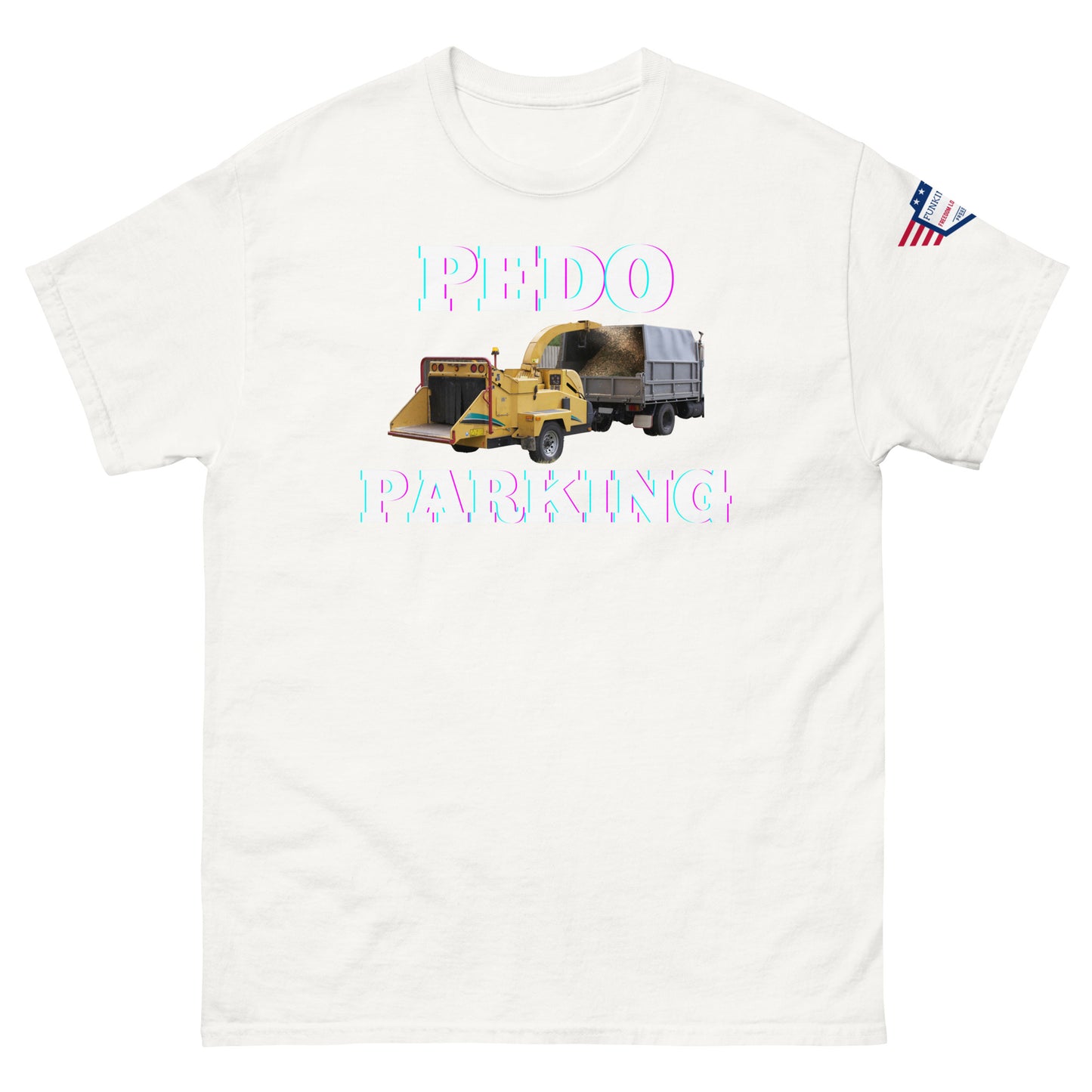 Front view of white unisex tee with pink-glow "PLOWDO PARKING" print, yellow plow truck graphic, USA flag sleeve patch