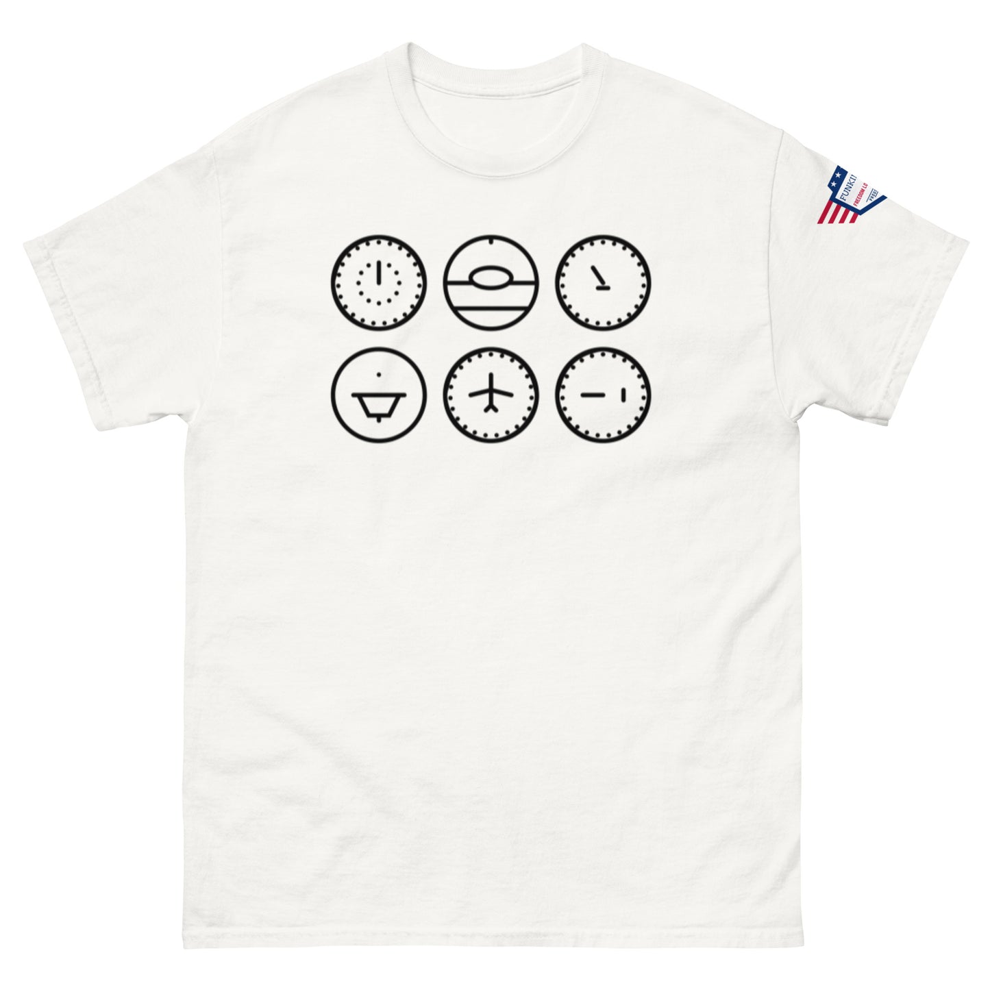White tee front view featuring six bold black clock designs with attitude