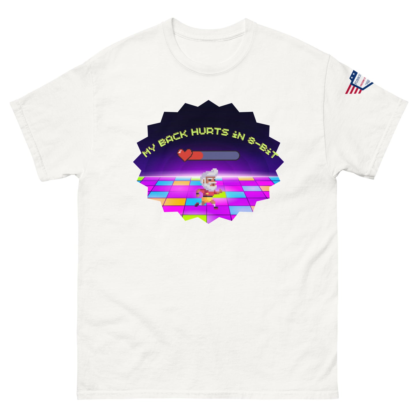 White unisex tee front with "My Back Hurts 98%" glowing chef meme on 80s disco tiles, USA flag sleeve