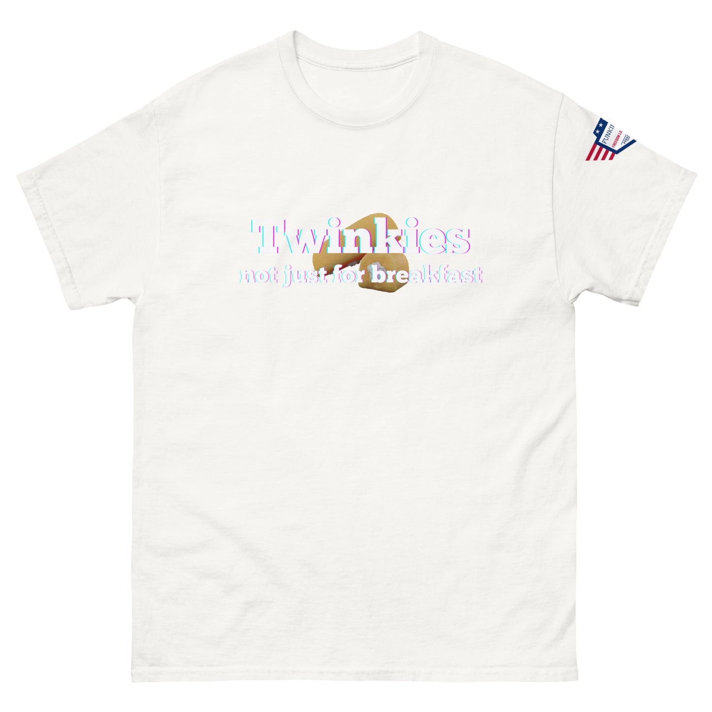 Front view of white unisex tee with iridescent "Twinkiesies" over Twinkie graphic, "not just for breakfast" below, flag label