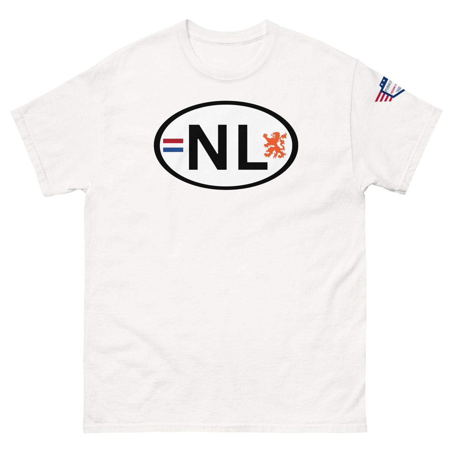 Front view of white unisex classic tee with bold white oval "NL" plate design, black accents, orange lion, US flag sleeve patch