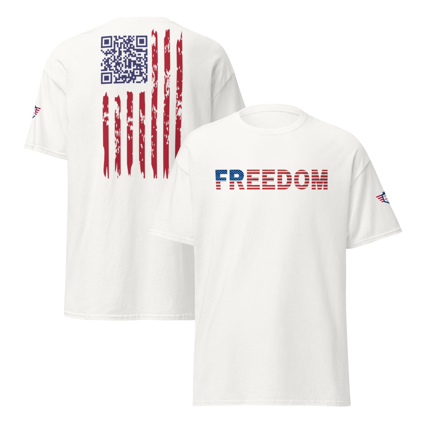 Ash grey tee flat lay, "FREEDOM" front print pops, back faded flag with scannable QR