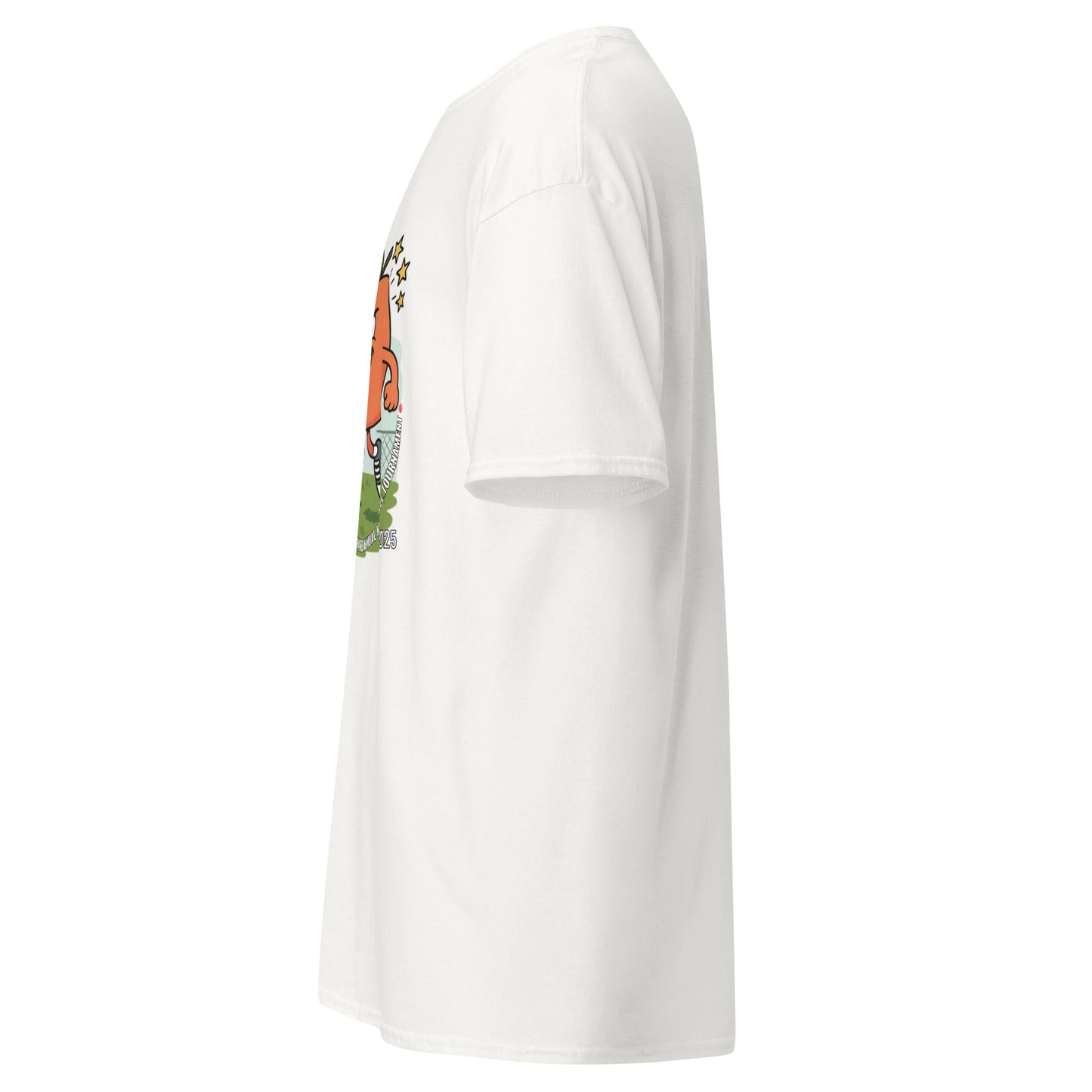 Right side view of white classic tee showing edge of colorful Georgia peach kickball print