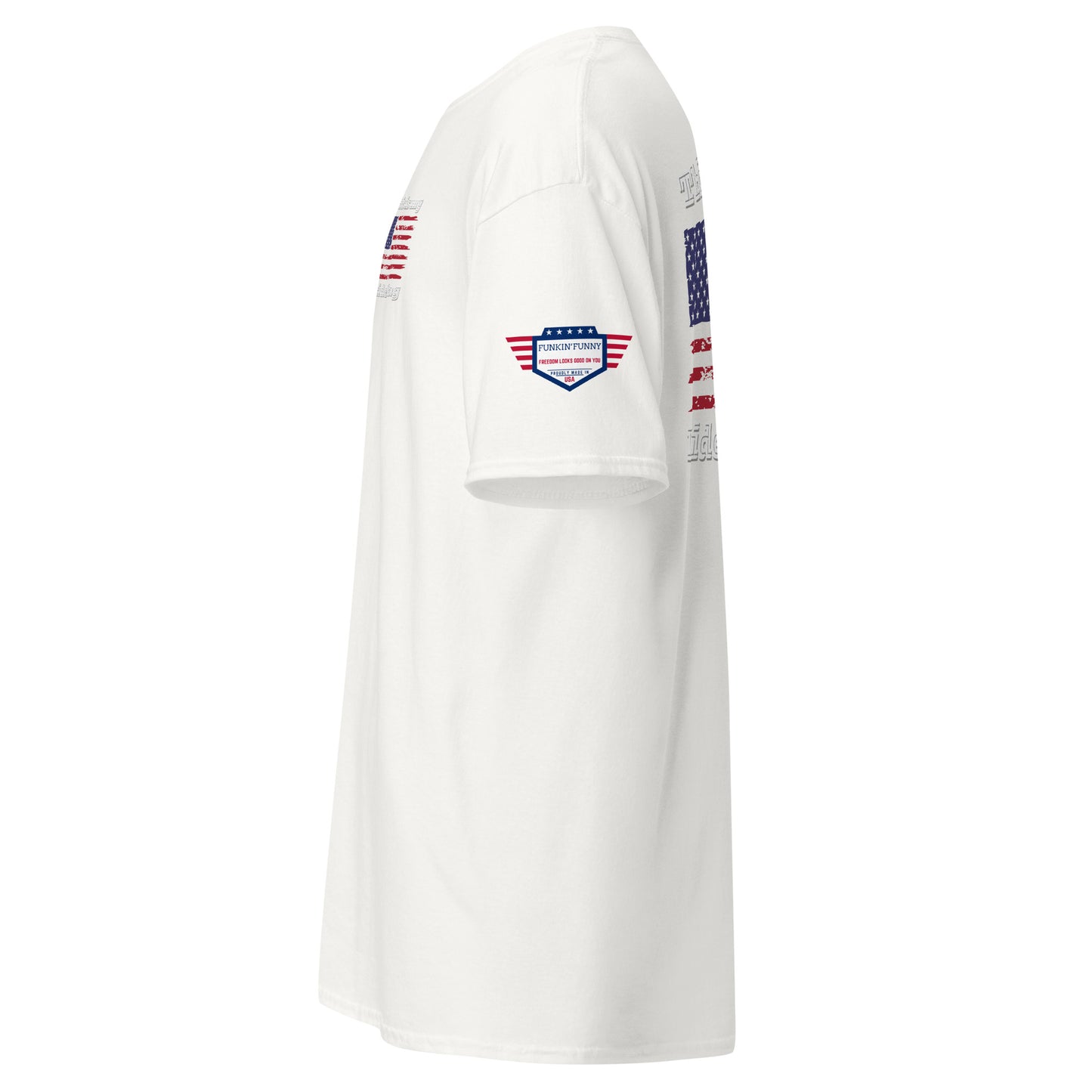 Right side view of white t-shirt with Gildan Heavy Cotton sleeve label visible