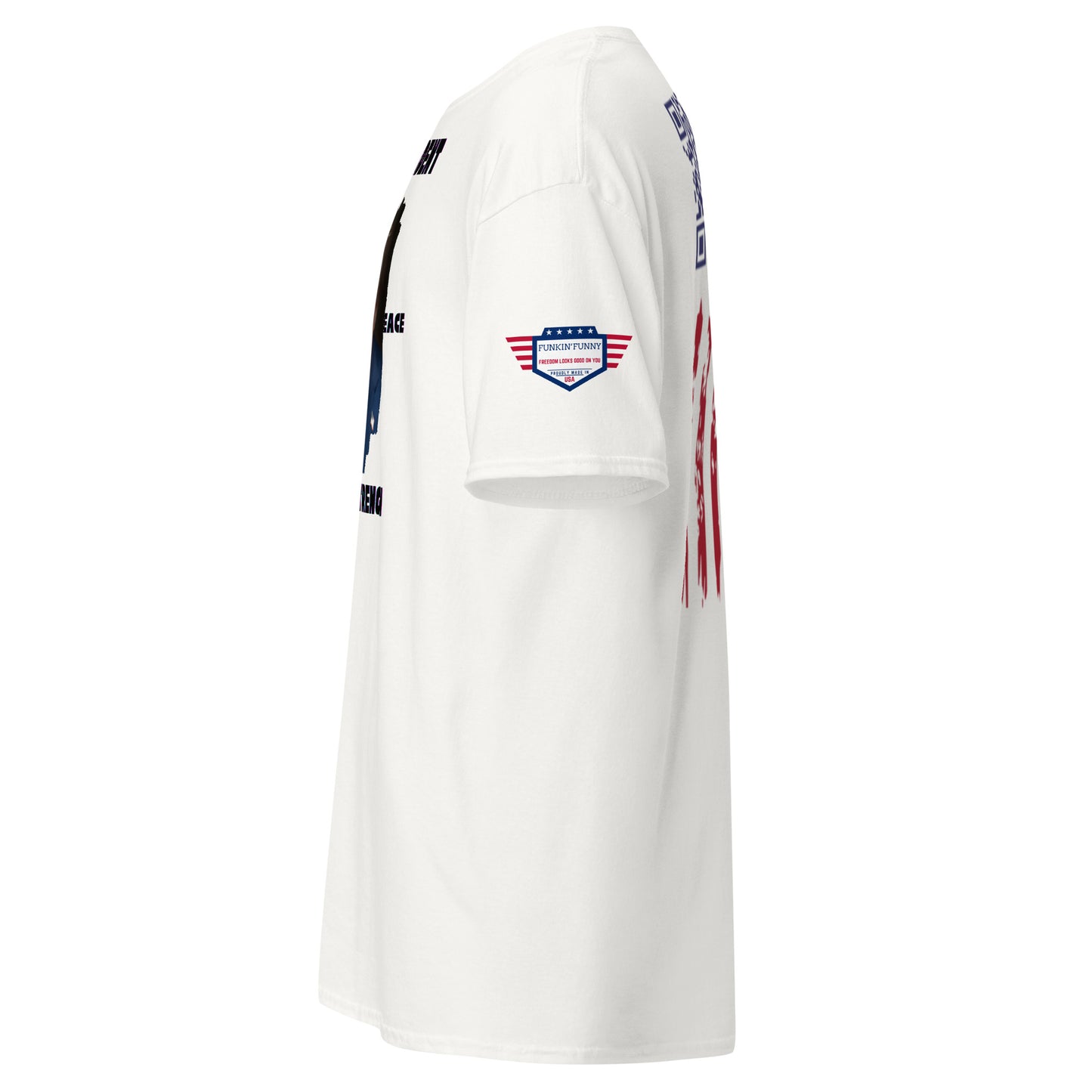 Left side view of white tee showing eagle flag patch and stripe hints