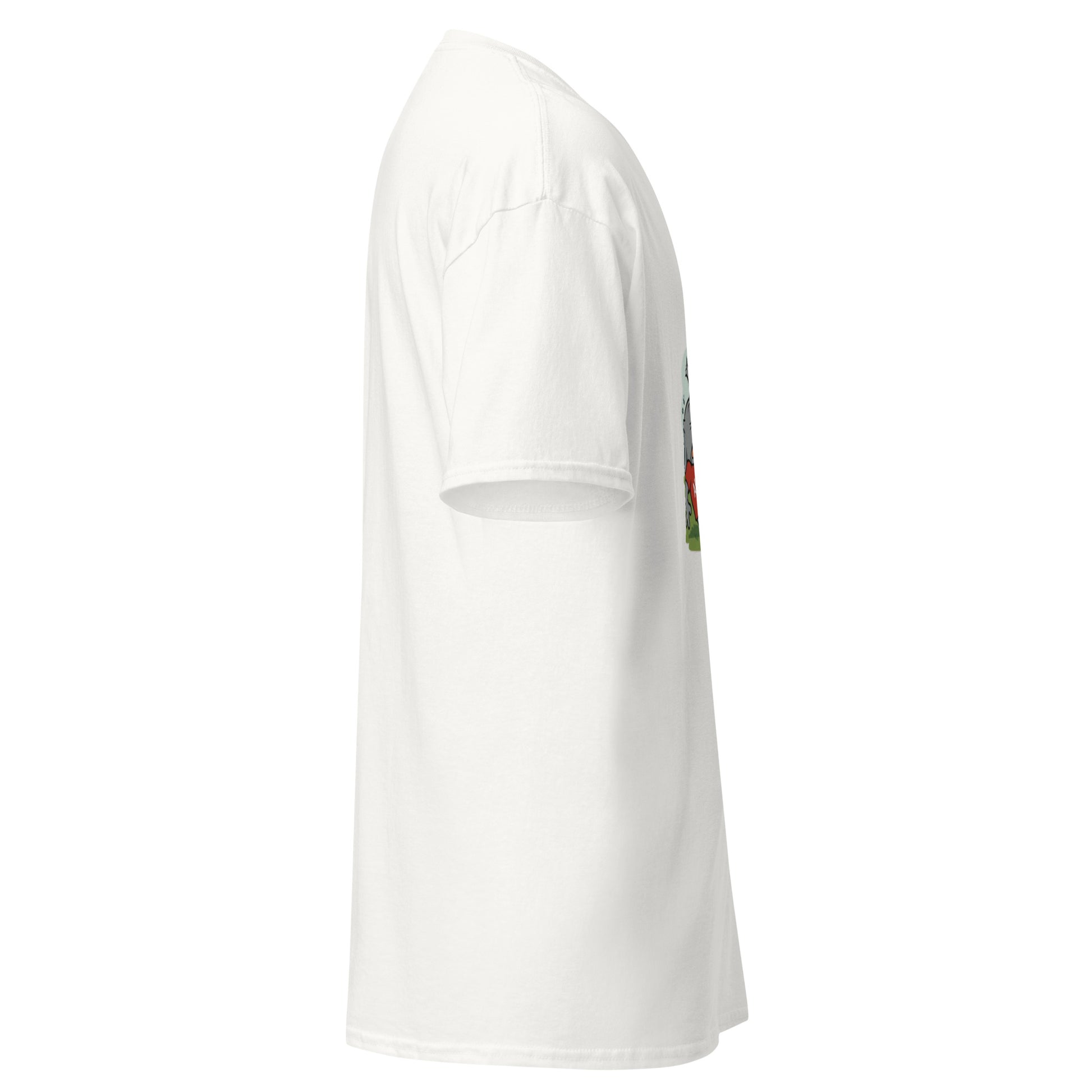 Left side view of white classic tee revealing partial Alabama elephant and kickball graphic