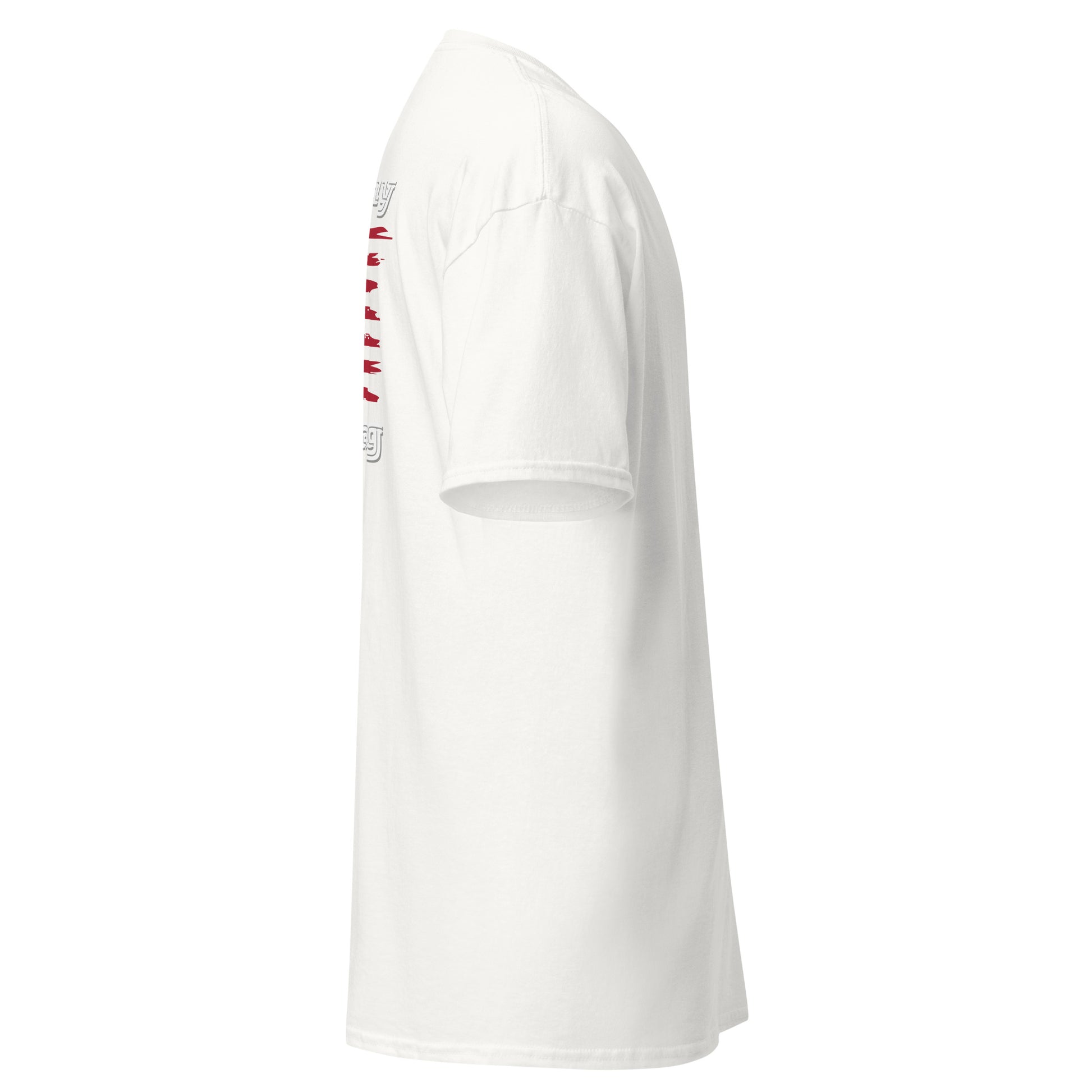 Left side view of white unisex t-shirt featuring vertical "Ultra Cotton" label