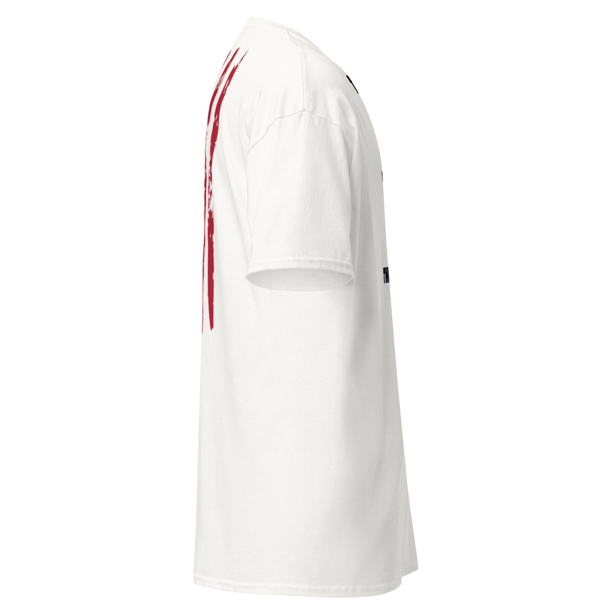 Right side view of white tee exposing back's red stripe details