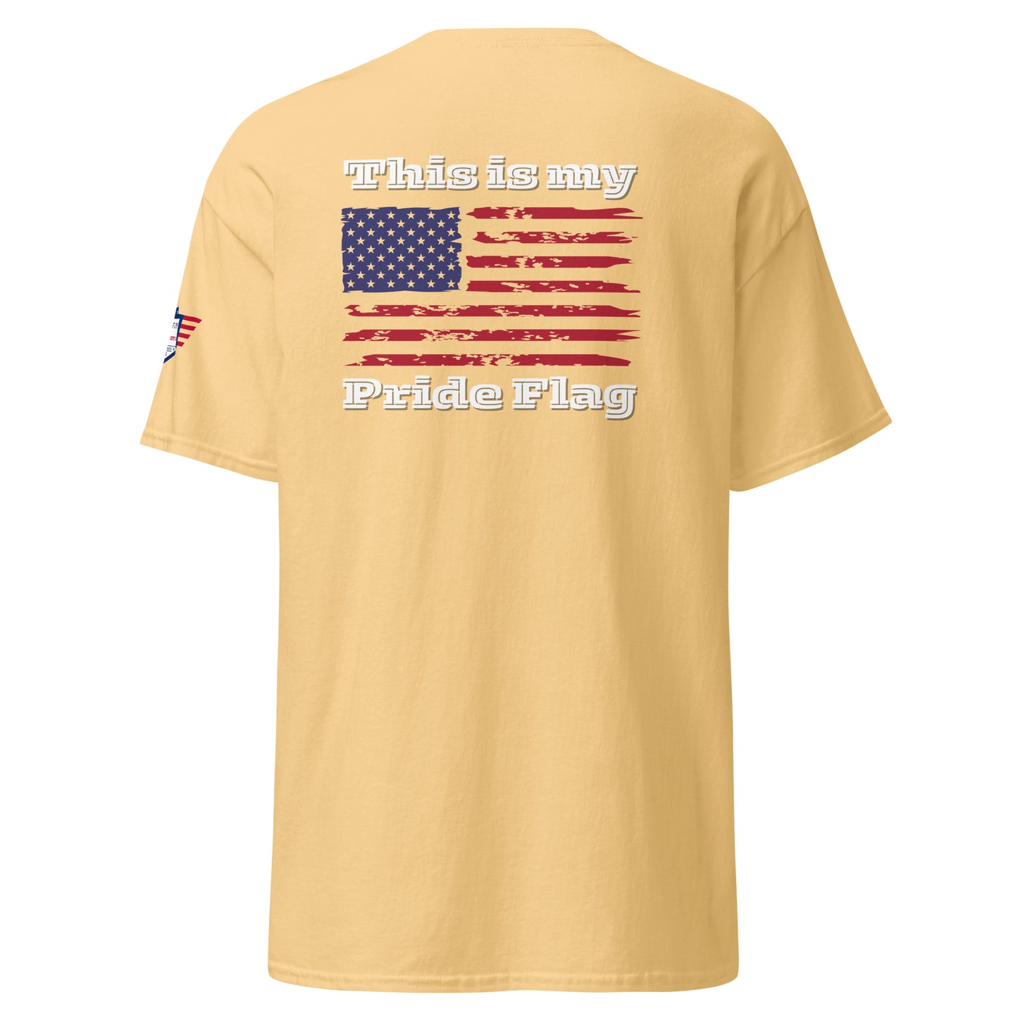 Back view of yellow haze unisex t-shirt: "This is my Pride Flag" on distressed US flag