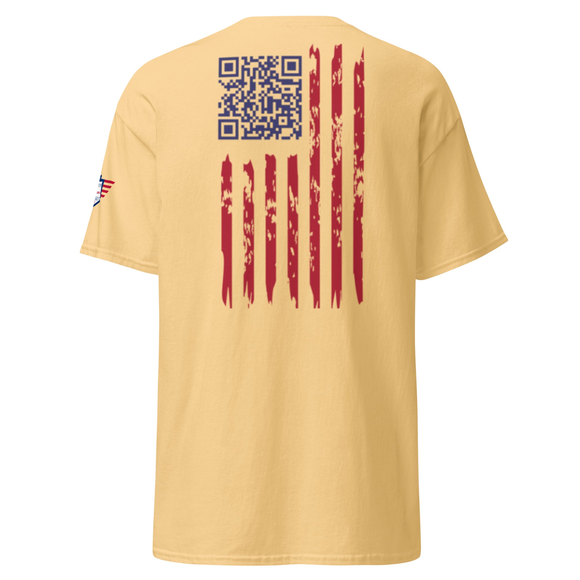 Back view of light yellow tee featuring central QR code and distressed American flag stripes with eagle patch