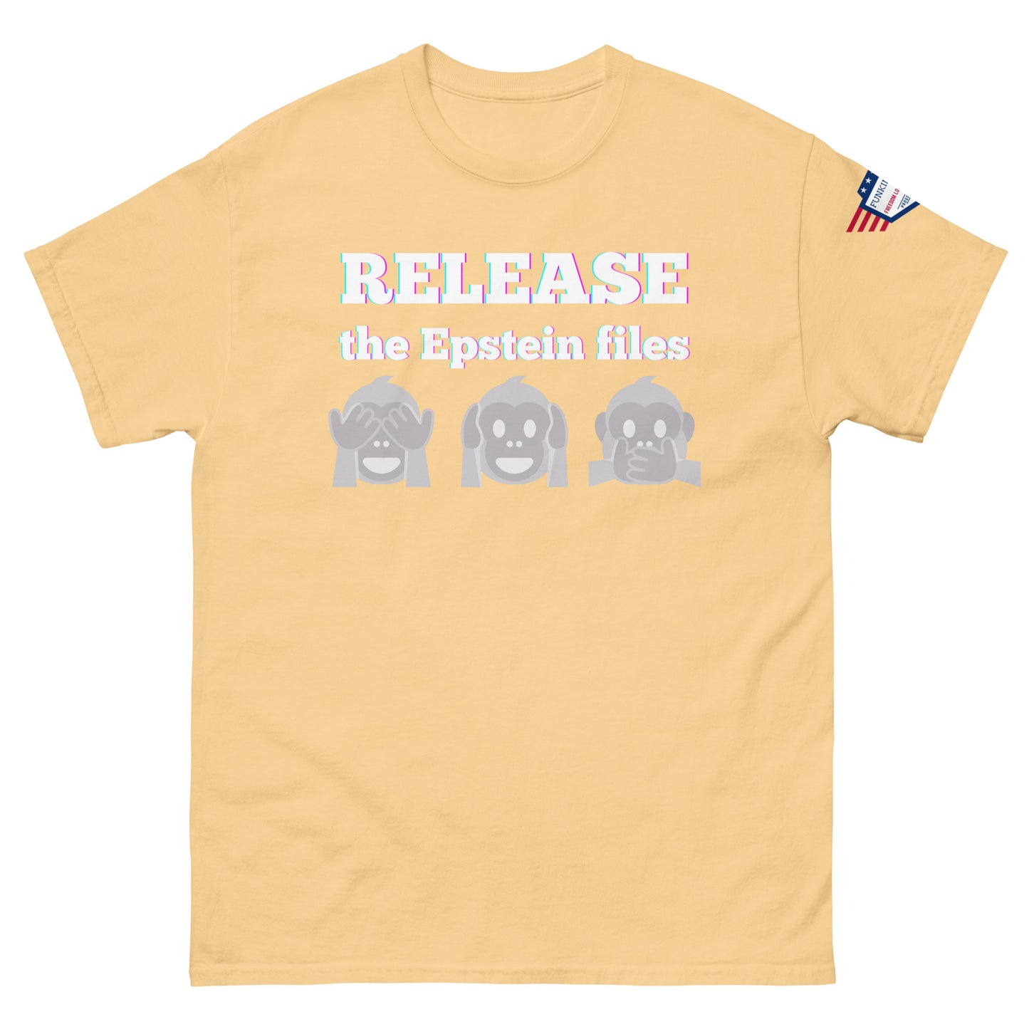 Front view of mustard yellow unisex tee with "RELEASEASE the Epstein files" print and three gray see-no-evil monkeys, USA flag shoulder patch