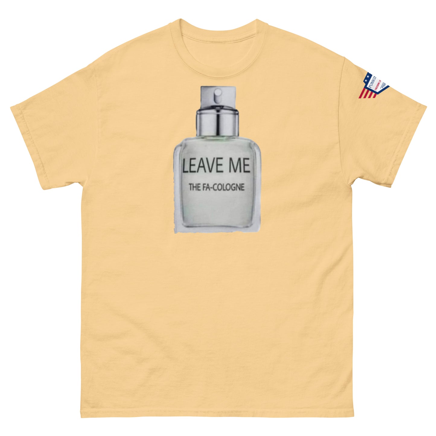 Front view of mustard yellow unisex tee with "LEAVE ME THE FA COLOGNE" meme cologne and flag label