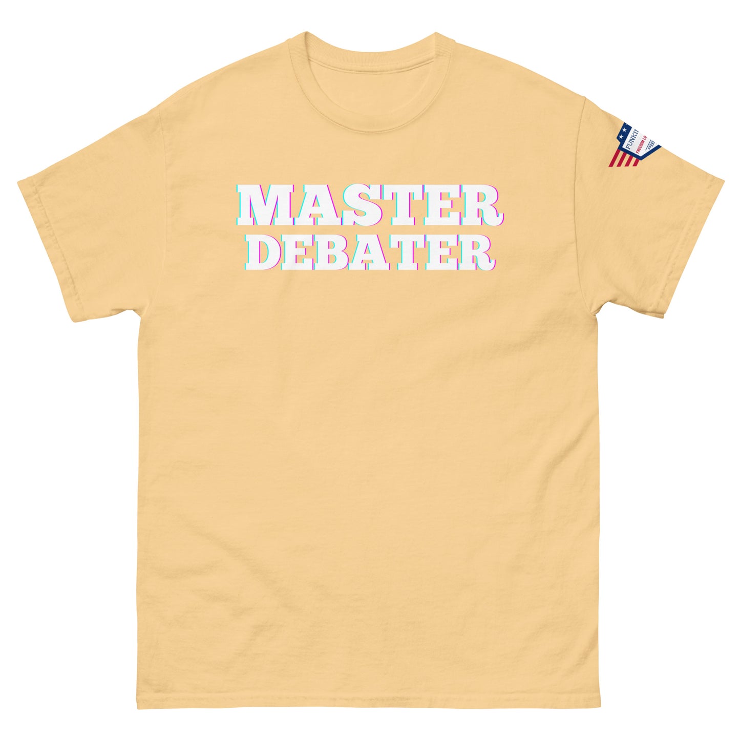 Front view of sand beige unisex tee featuring "MASTER DEBATER" white glow print, small US flag patch