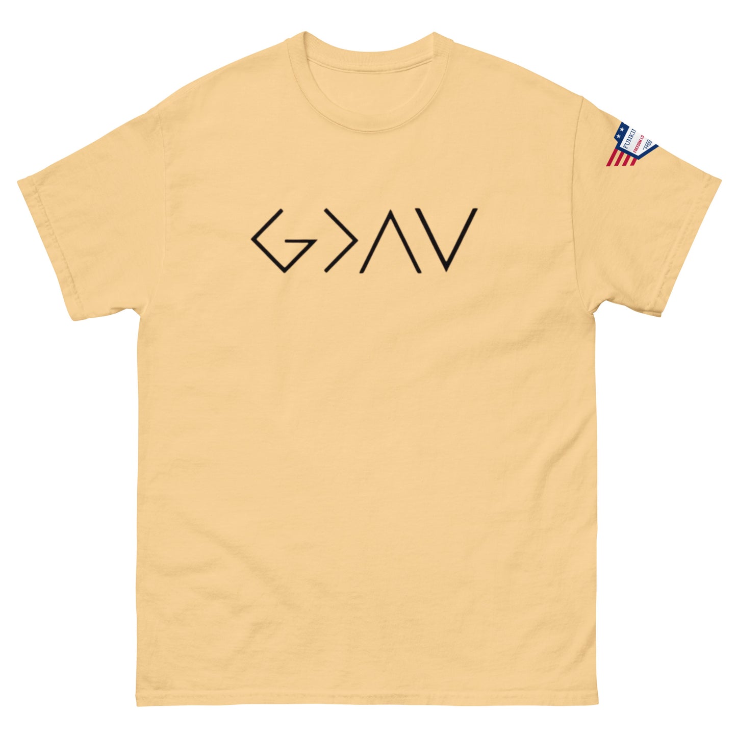 Front view of mustard yellow unisex t-shirt with bold black "G > AV" chest print and US flag sleeve patch