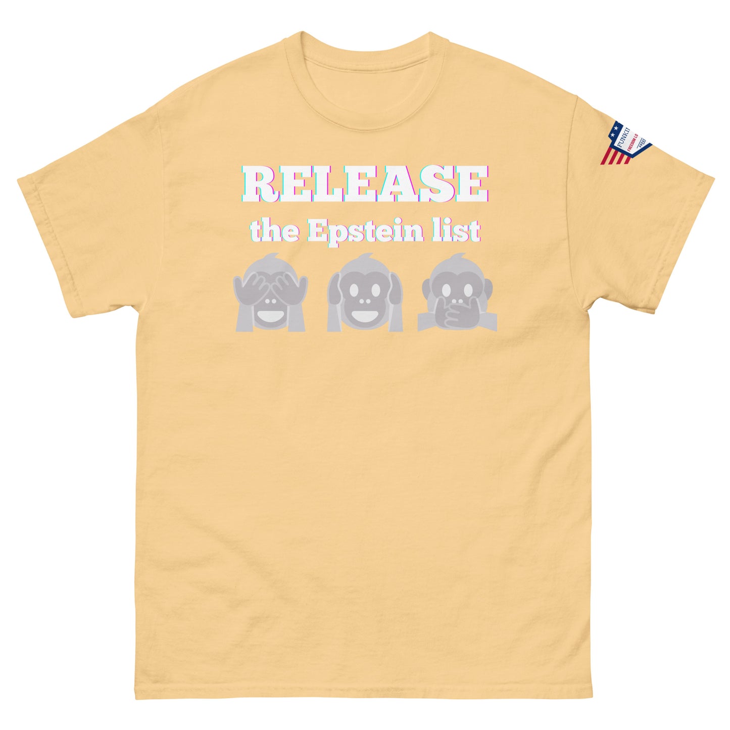 Front view of yellow unisex tee with "RELEASE THE EPSTEIN LIST" glow and shady gray monkey faces