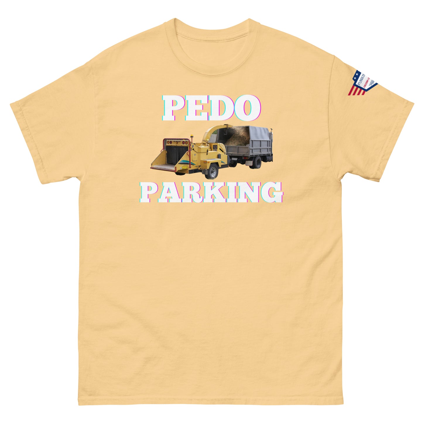 Front view of mustard yellow unisex tee with pink-glow "PLOWDO PARKING" print, yellow plow truck graphic, USA flag sleeve patch