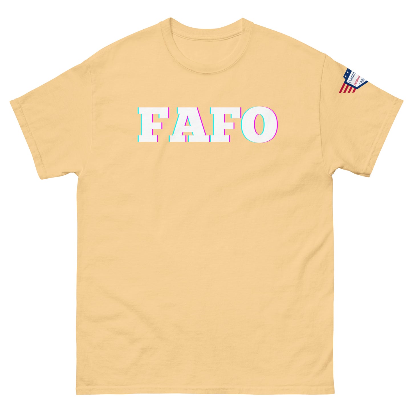 Front view of dark heather grey unisex T-shirt with bold white "FAFO" glitch graphic and US flag sleeve patch