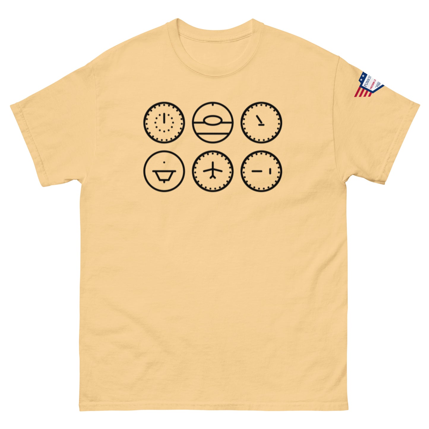 Sand beige tee front view sporting six black outline clocks full of sass