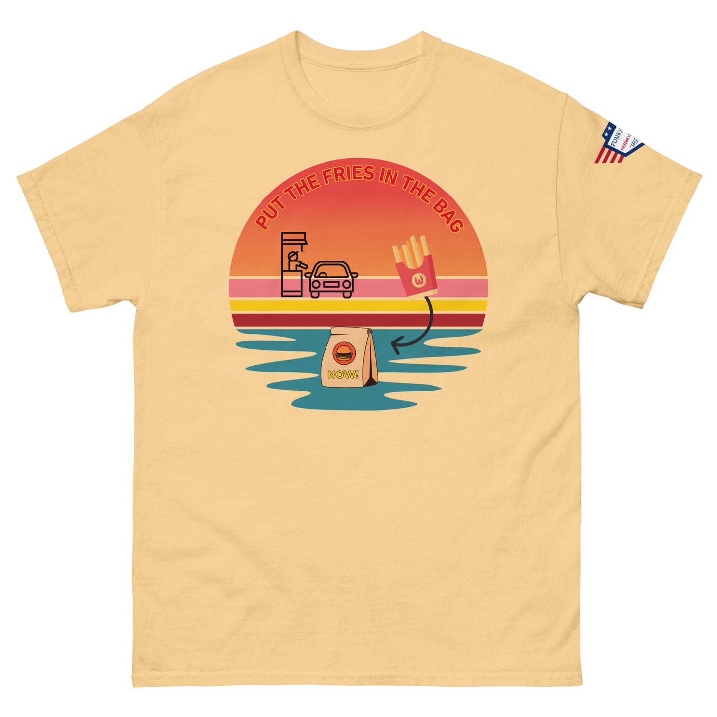 Front view of mustard yellow unisex t-shirt with "PUT THE FRIES IN THE BAG" retro McD-style sunset print