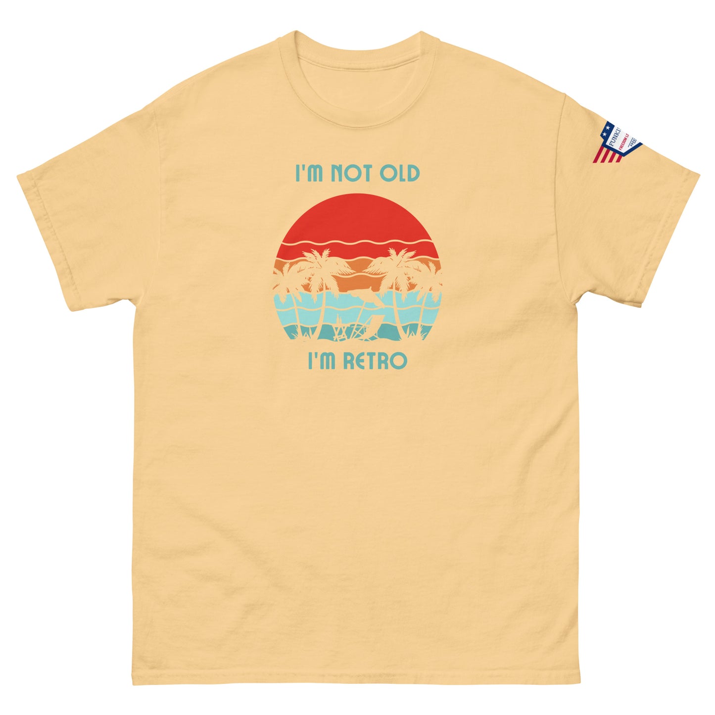 Front view of yellow haze unisex t-shirt featuring "I'm not old I'm retro" palm tree sunset art