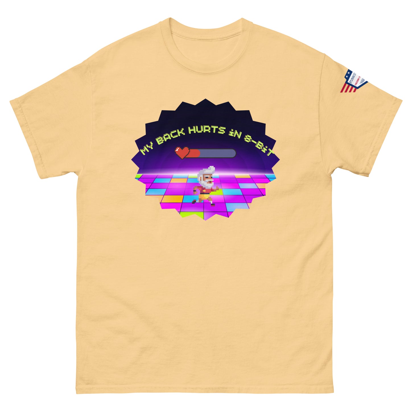 Sand beige unisex tee front, "My Back Hurts 98%" chef meme with 80s dance floor, USA sleeve flag