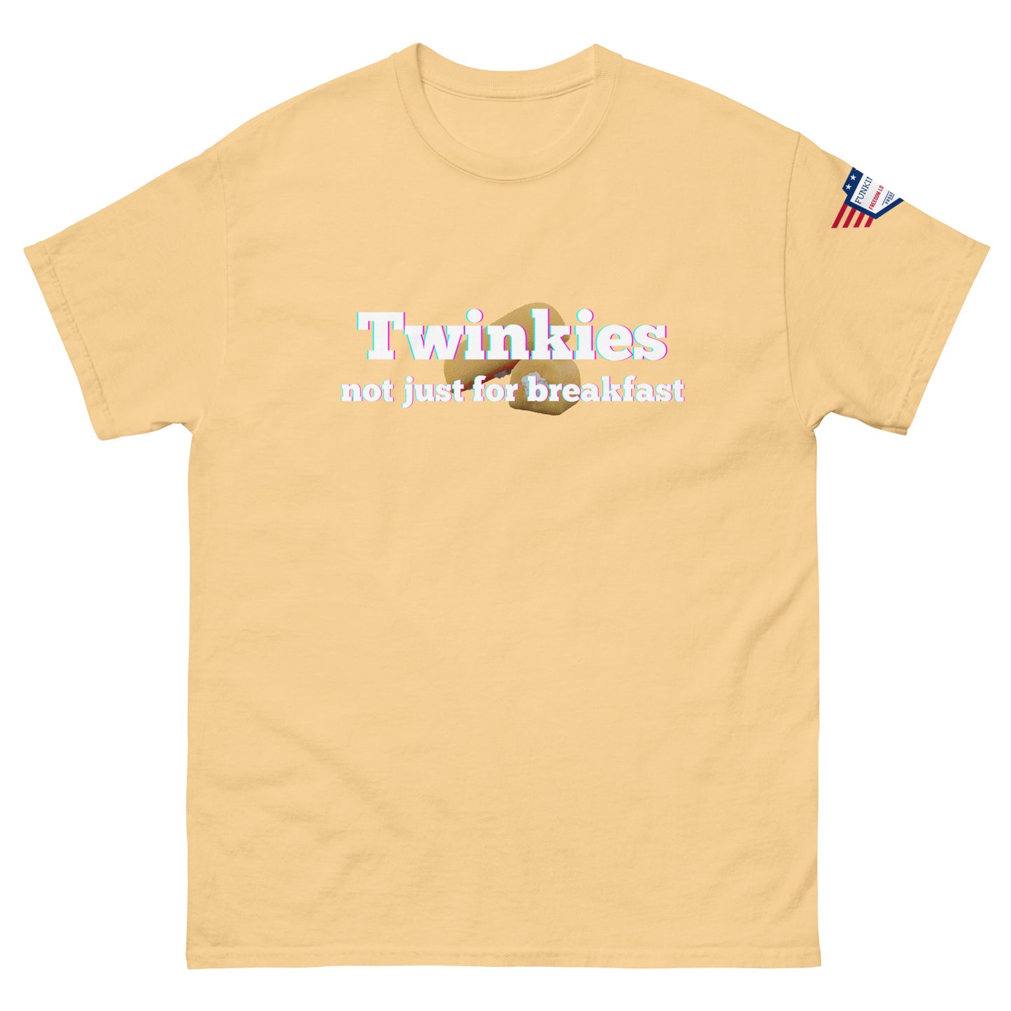 Front view of beige unisex tee with vibrant "Twinkiesies" Twinkie art and "not just for breakfast" slogan, flag sleeve detail