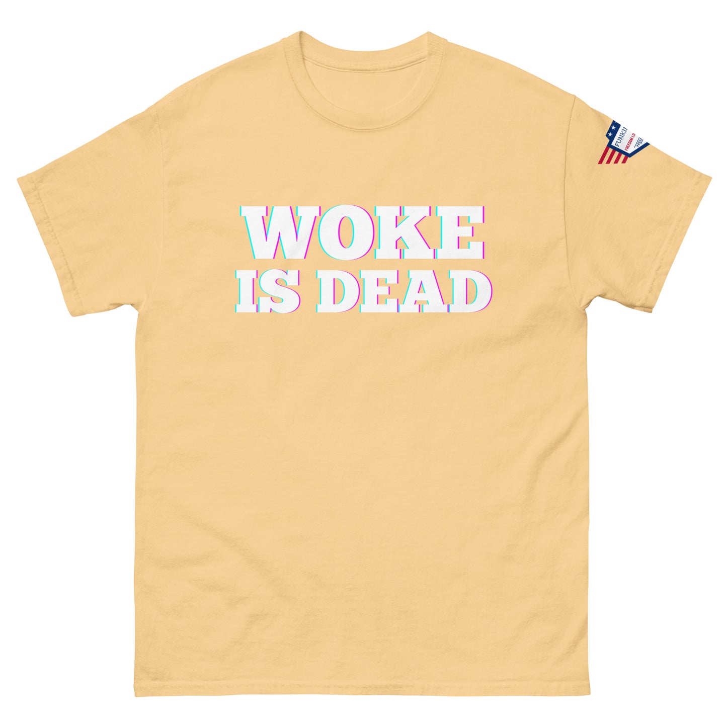 Front view of mustard yellow "WOKE IS DEAD" tee, white outlined text shining, flag sleeve patch