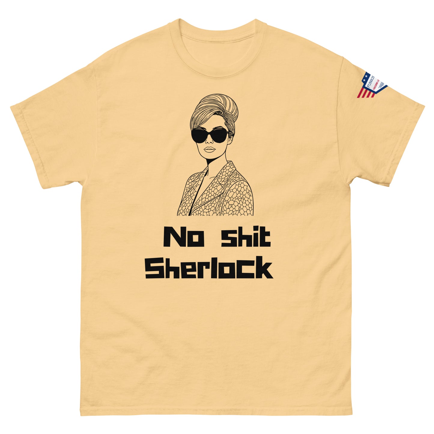 Front view of sand unisex t-shirt with black "No shit Sherlock" meme design featuring beehived woman in suit, American flag sleeve