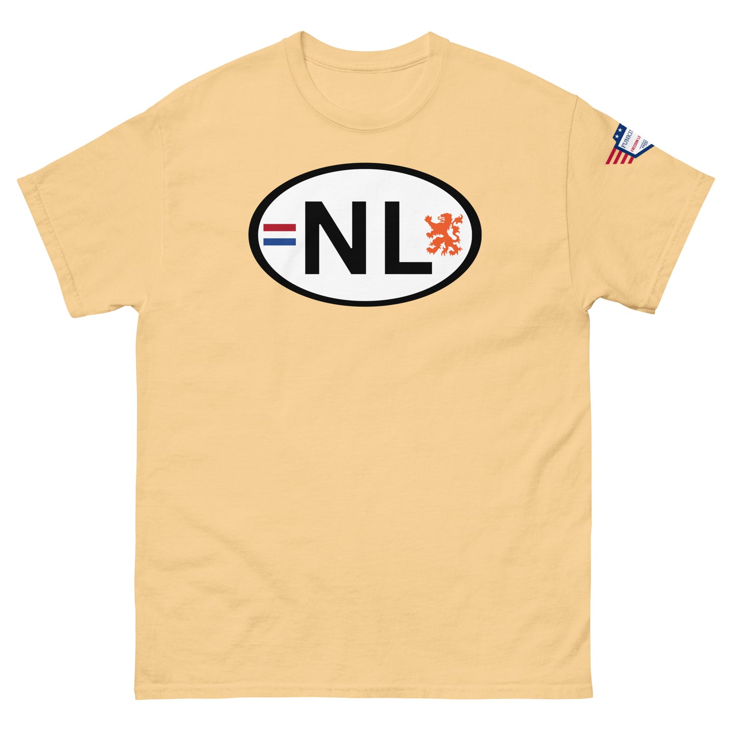 Front view of mustard yellow unisex classic tee featuring "NL" white oval plate design and orange lion emblem