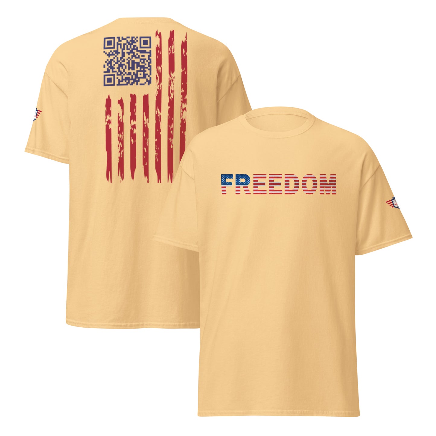 Yellow Haze tee front and back, shouting "FREEDOM" chest-high, distressed flag QR rear
