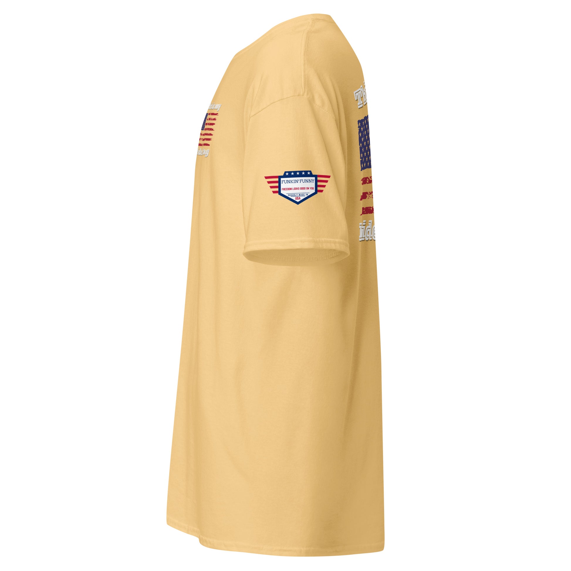 Right side view of yellow haze tee showing eagle sleeve and front flag glimpse